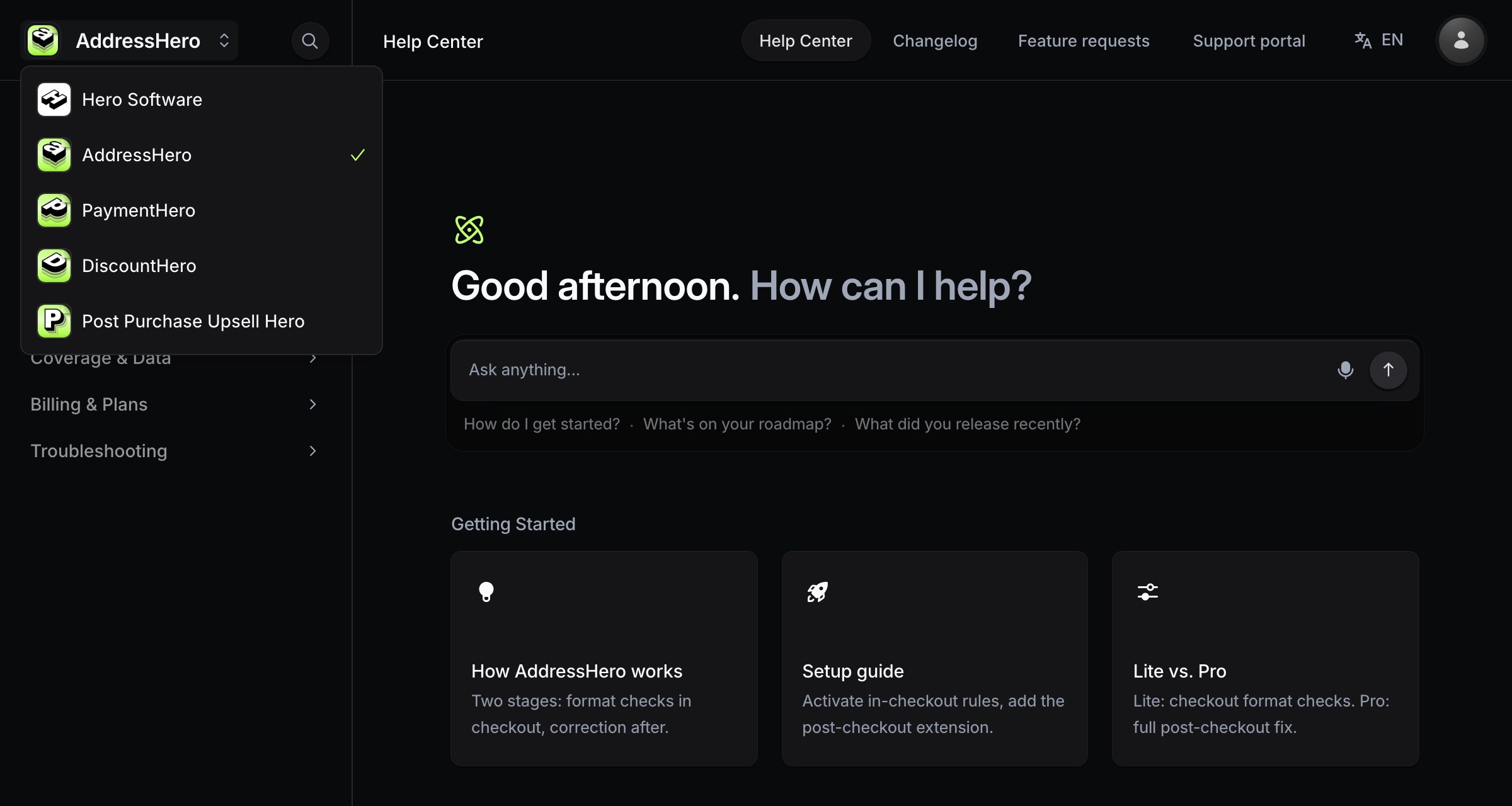 The AddressHero help center on Productlane, with a switcher for all four Hero Software apps